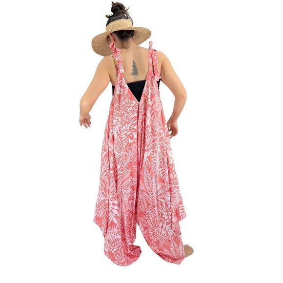 Po`a‘lima Coral White Tropical Floral Boho Wide Leg Beach Summer Romper - Picture 2 of 15